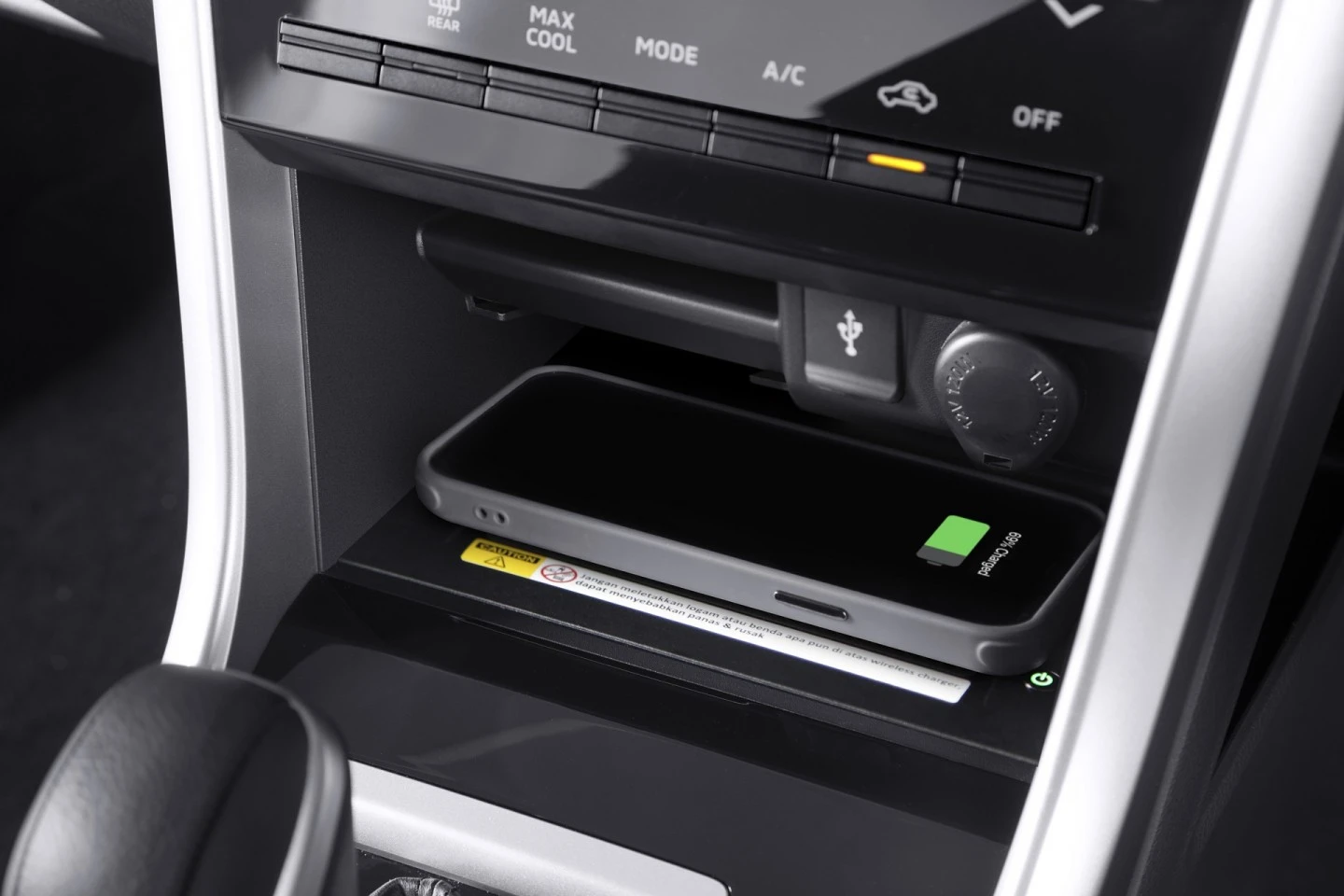 Front Console Tray with Card Holder, USB Port, Power Outlet, and Wireless Charger